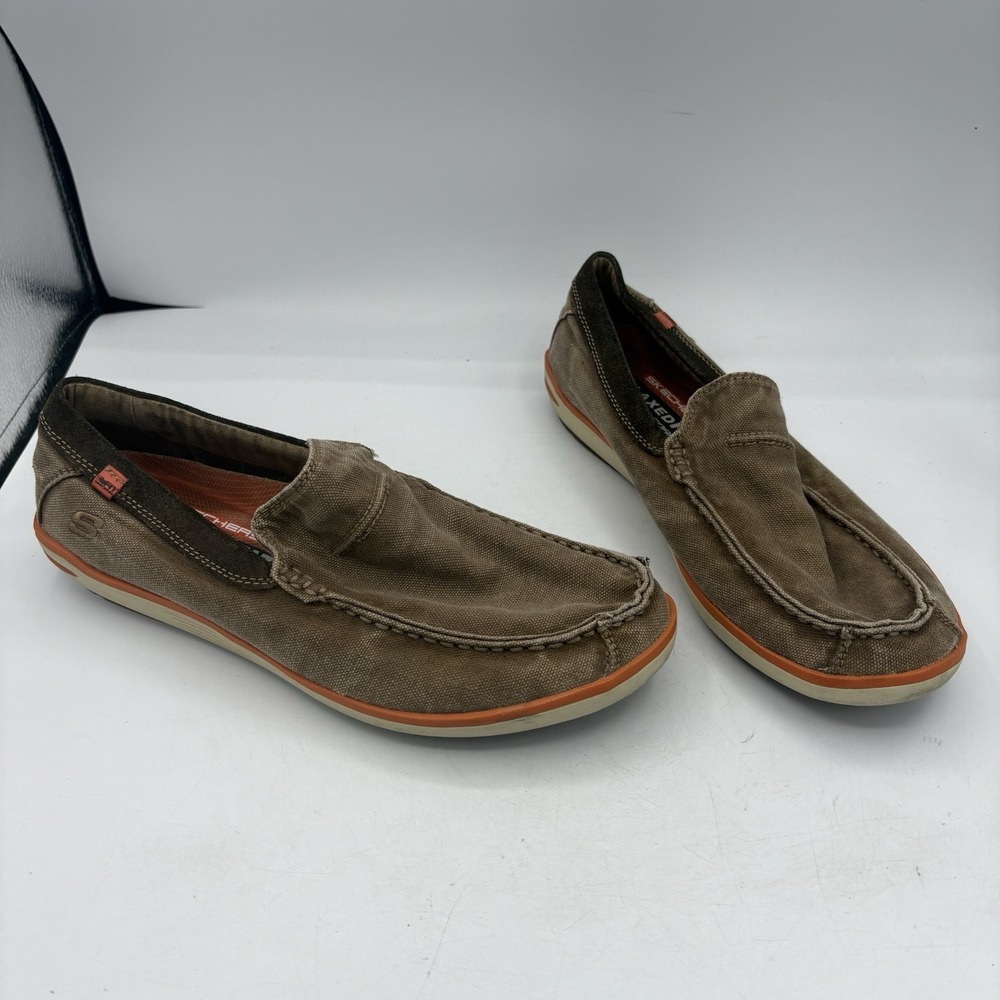 Skechers Shoes Loafer Mens 8.5 Brown Denim Canvas Distressed Relaxed Fit Slip on